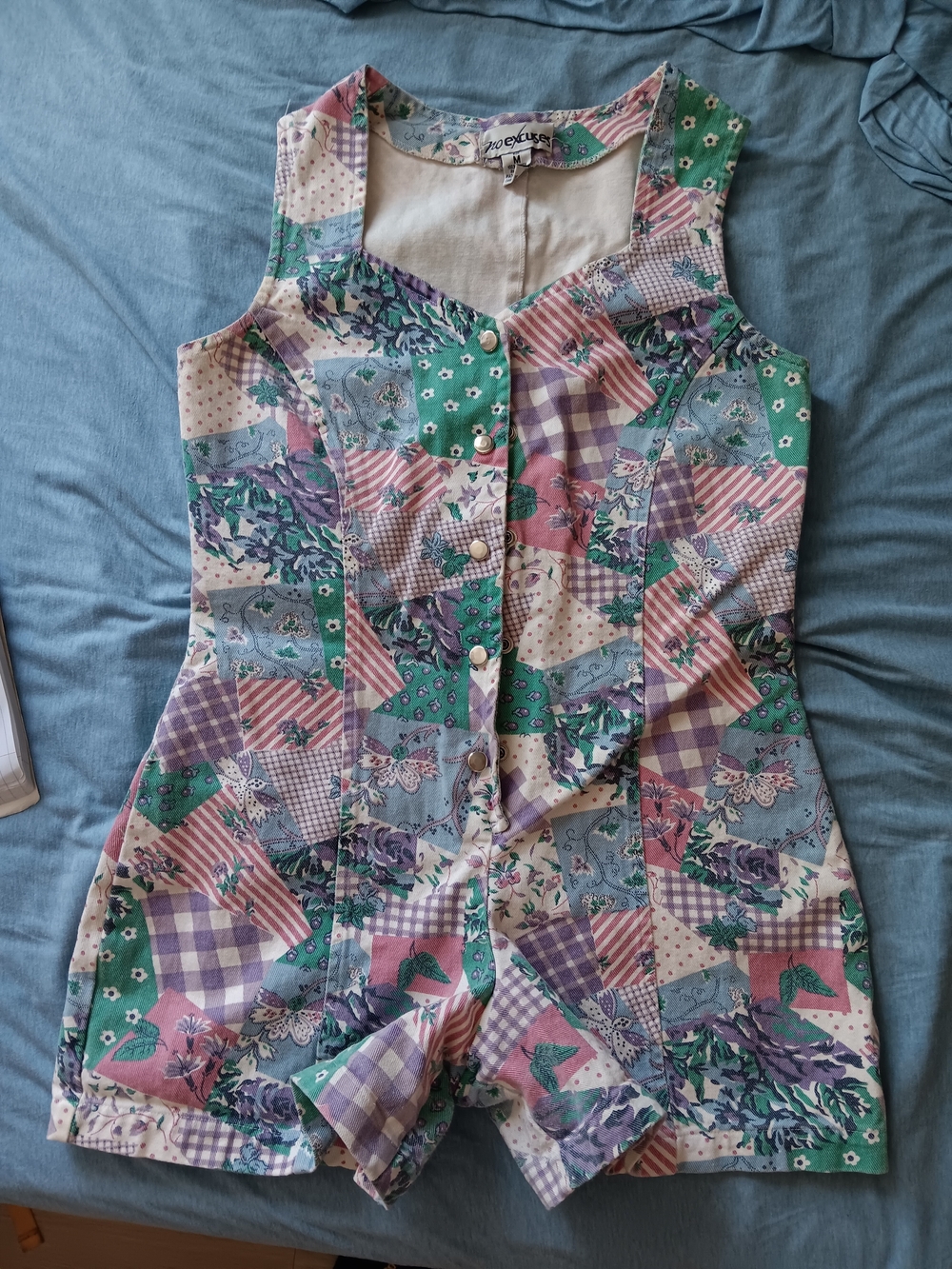 Patchwork Floral Sleeveless Romper in Green and Purple